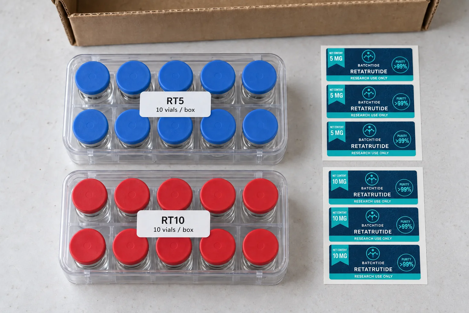 Ten-vial packs with matching printed labels